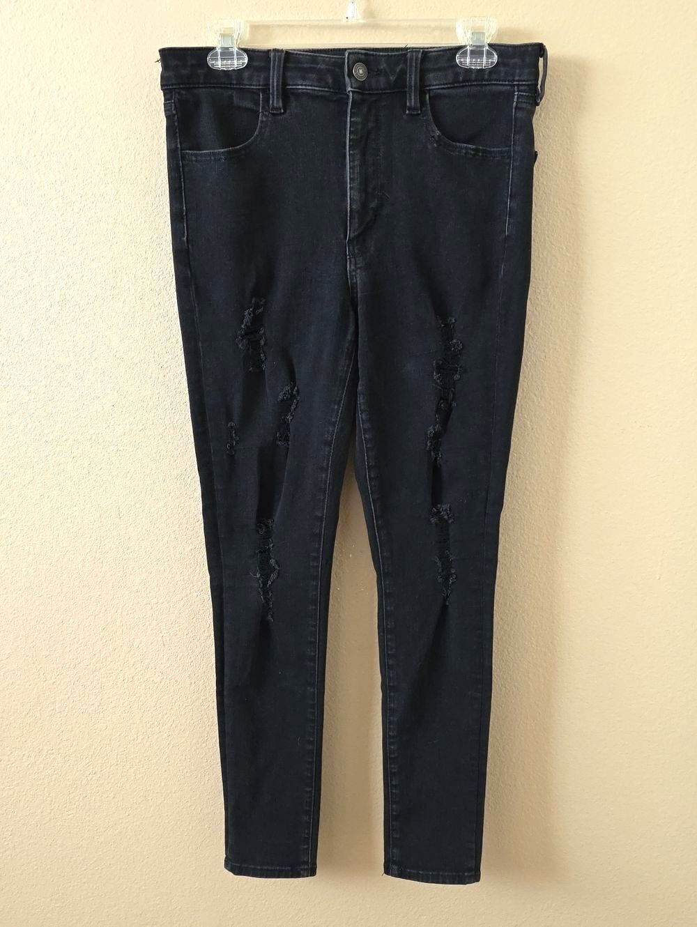 American Eagle Womens Black Super High Rise Distressed Denim Jeggings - Size 8
